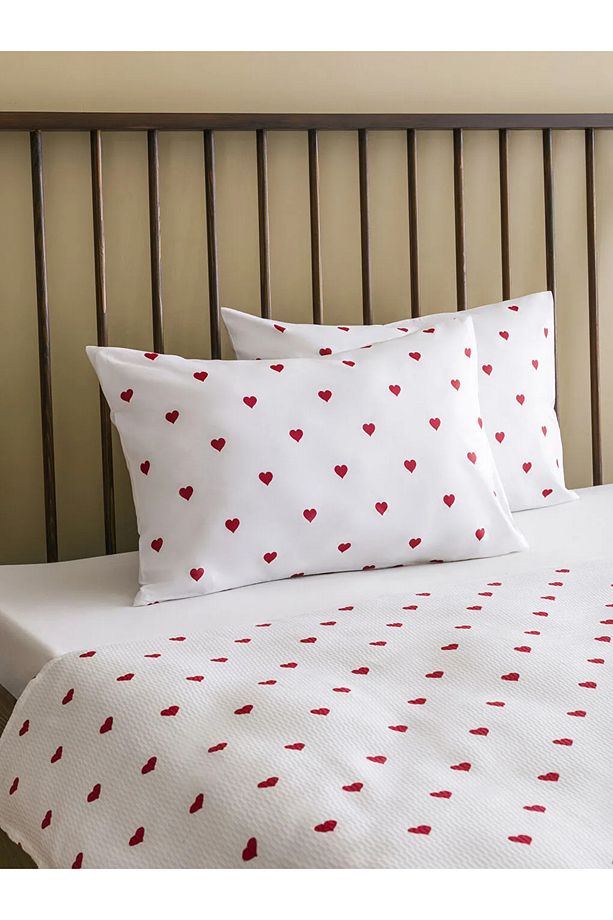 LCW HOME Kirmizi Kalp Desenli Çift Kişilik Pike Seti - 3