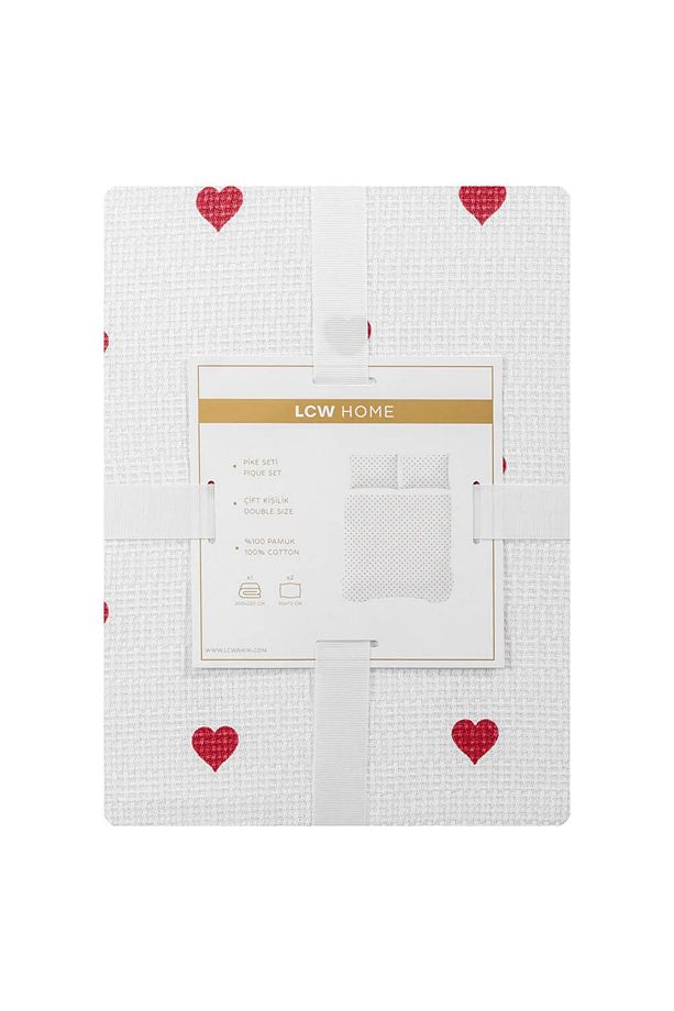 LCW HOME Kirmizi Kalp Desenli Çift Kişilik Pike Seti - 6