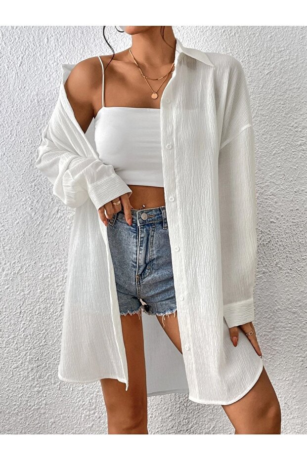 Kadın Beyaz Oversize Uzun Gömlek - 5