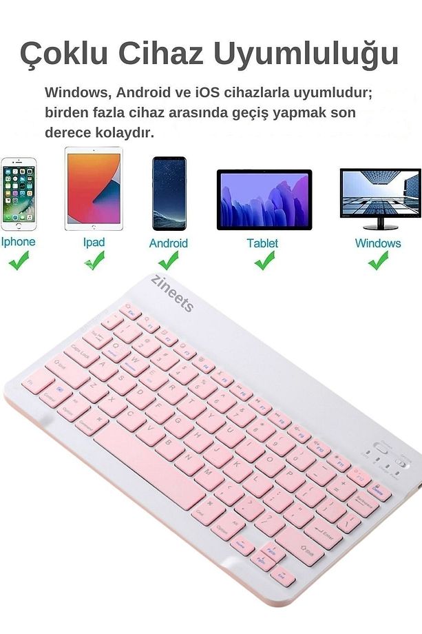 Kablosuz Şarjlı Bluetooth Pembe Klavye Mouse Seti Ultra Slim Tablet Telefon Windows Uyumlu - 6