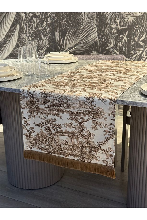 Rustik Köylü Kadın Dekoratif Baskılı Saçaklı Runner 1 Adet 40x140cm (SKSCR-12) - 1