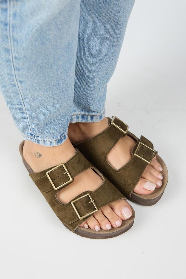 Vegan Violeta Women's Vegan Leather Vegan Leather Double Buckle Khaki Slippers