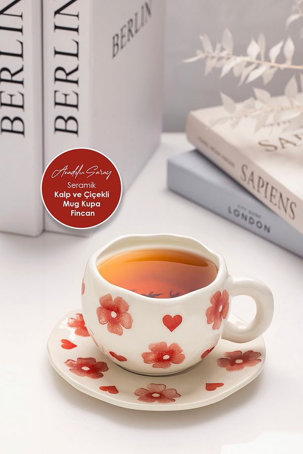 El Yapımı Seramik Kalp ve Çiçek Desenli Tabaklı Mug Kupa Fincan Takım | Mug Fincan Kupa Kahve Kupası - 1