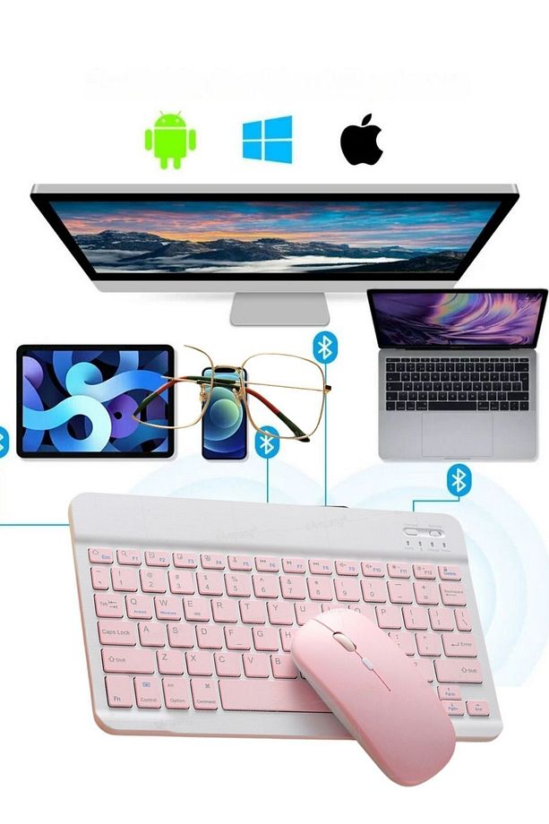 Kablosuz Şarjlı Bluetooth Pembe Klavye Mouse Seti Ultra Slim Tablet Telefon Windows Uyumlu - 4