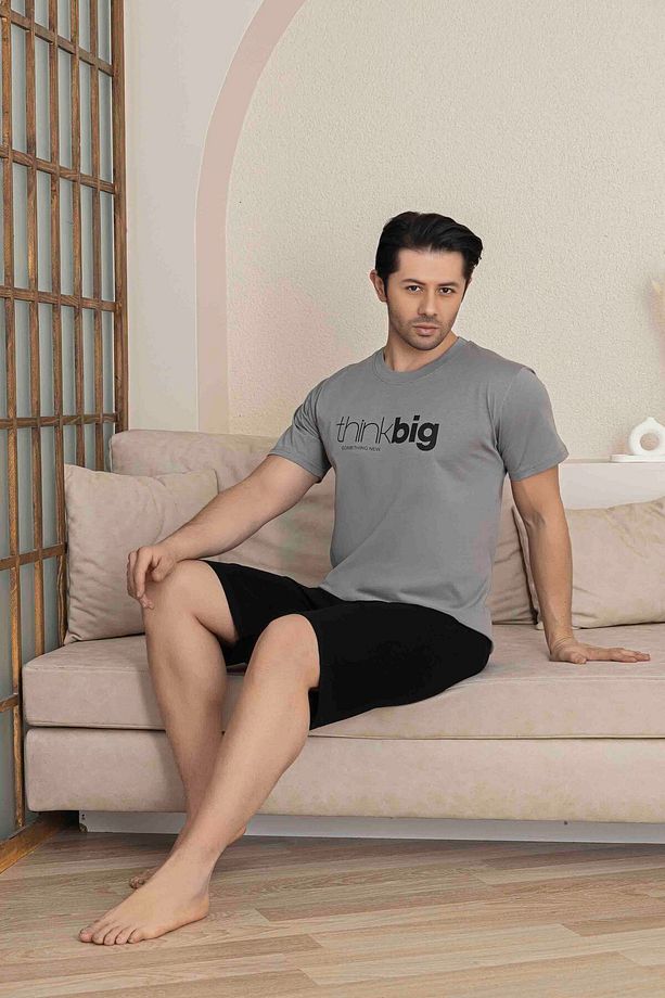 Erkek Koyu Gri Kısa Kol Şort Penye Pijama Takımı - 1