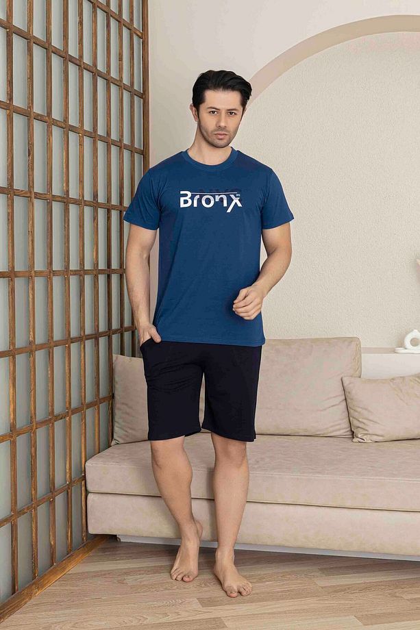 Erkek İndigo Mavi Kısa Kol Şort Penye Pijama Takımı - 2
