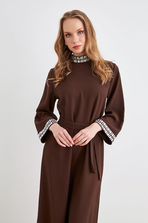 Beril Taşlı Elbise - Kahve - 3