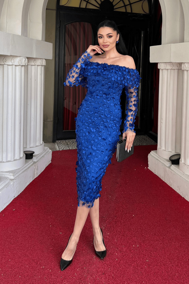 Three-Dimensional Floral Fabric Boat Neck Pencil Dress - COBALT BLUE