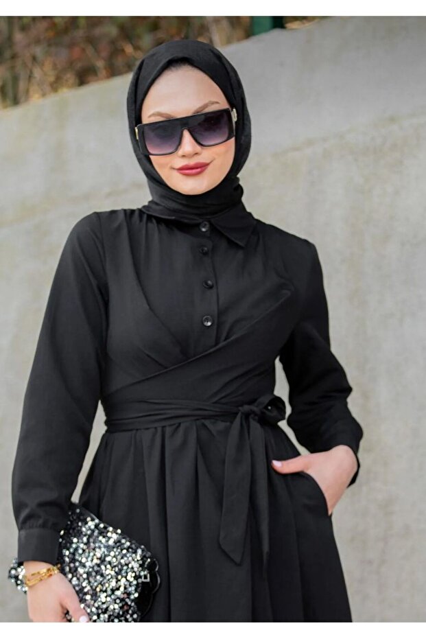 فستان مزين بأزرار نصف رقعة - 3