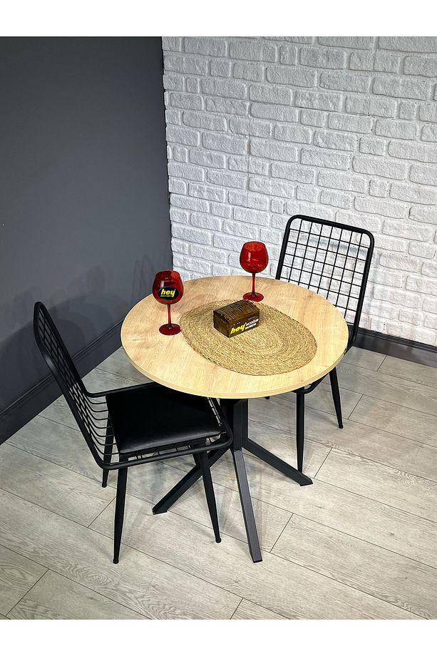 Nisa Safir Meşe Yuvarlak Mutfak Masası Yemek Masası Metal Siyah Ayak 70 Cm - 6