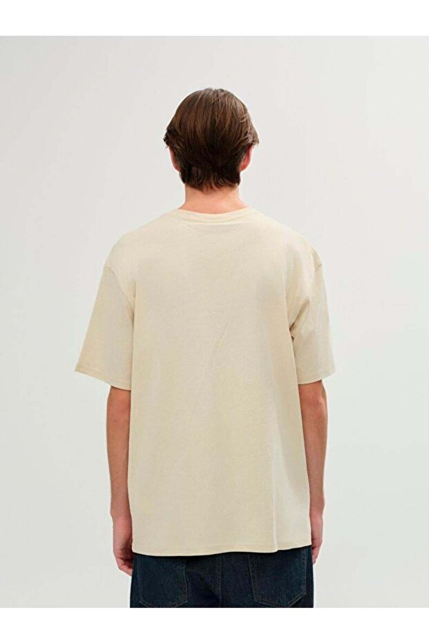 Basıc Baskılı Sıfır Yaka Loose Bej T-shırt - 5
