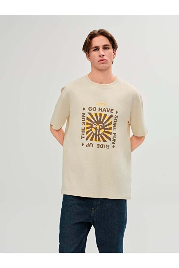 Basıc Baskılı Sıfır Yaka Loose Bej T-shırt - 2