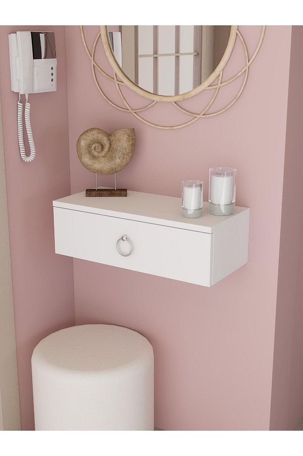 Beyaz Duvara Monte Dresuar | Halka Kulplu Tek Kapaklı %100 MDF Konsol | Şık ve Modern Dekoratif Raf - 3