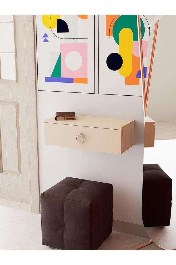 Vizon Rengi Duvara Monte Dresuar | Halka Kulplu Tek Kapaklı %100 Mdf Konsol (60CM) | Şık, Modern Raf - 2