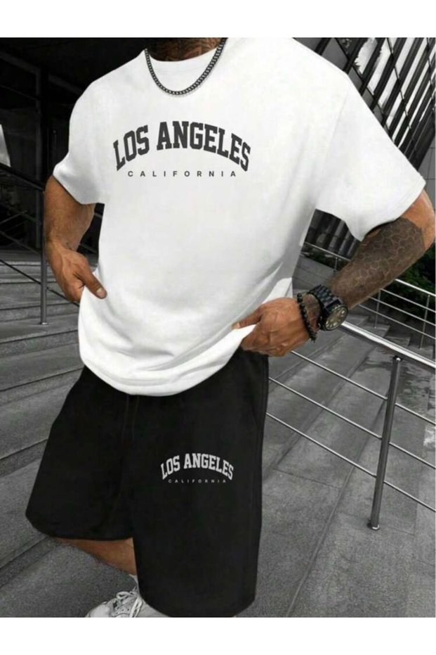 Losangeles U.S.A. Printed Oversize Crew Neck Bottom Top T-Shirt Shorts Set of Two