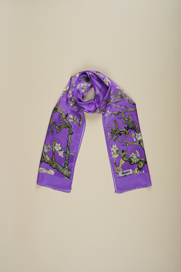 100% Silk Shawl Scarf (27X135 cm)-Vincent Van Gogh (Almond Tree Purple)