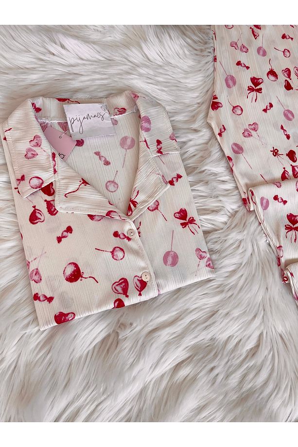 Ekru Şeker ve Kalp Desenli Pegasus Kısa Kol Pijama Takımı - 4