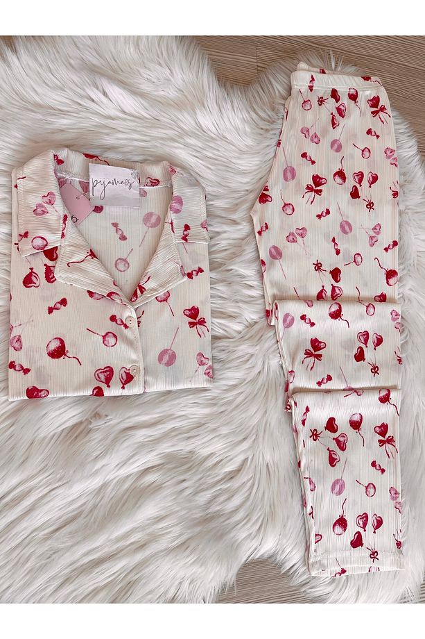 Ekru Şeker ve Kalp Desenli Pegasus Kısa Kol Pijama Takımı - 3