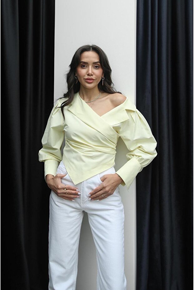 Light Yellow Asymmetrical Cut Rope Lace up Shirt