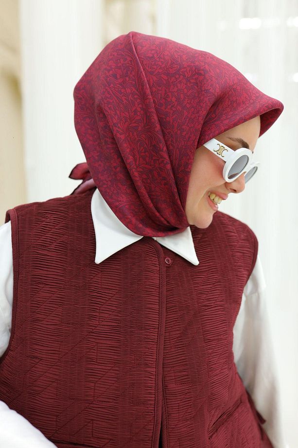 Bordo Yaprak Desen Saf İpek Tivil Dokuma Eşarp-11459-47-KVS0694 - 3