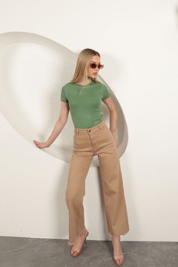 Strawberry Viscose Fabric Basic T-Shirt-Khaki - 1