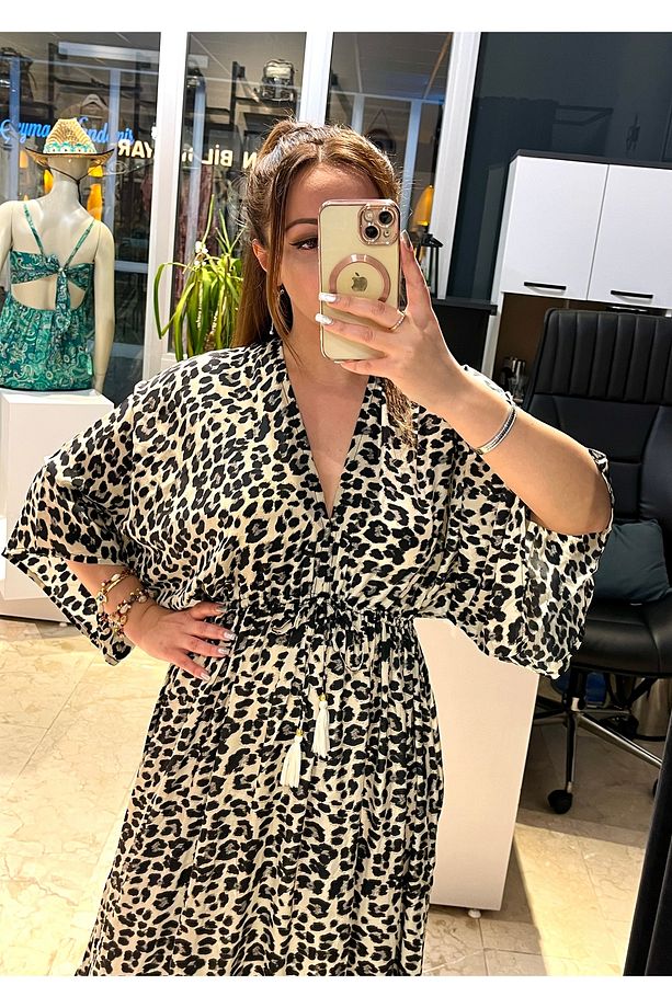 Leopar Desenli Belden Lastikli Hint İpeği Elbise - 8