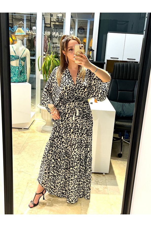 Leopar Desenli Belden Lastikli Hint İpeği Elbise - 3