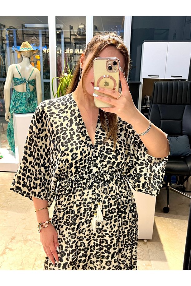 Leopar Desenli Belden Lastikli Hint İpeği Elbise - 7