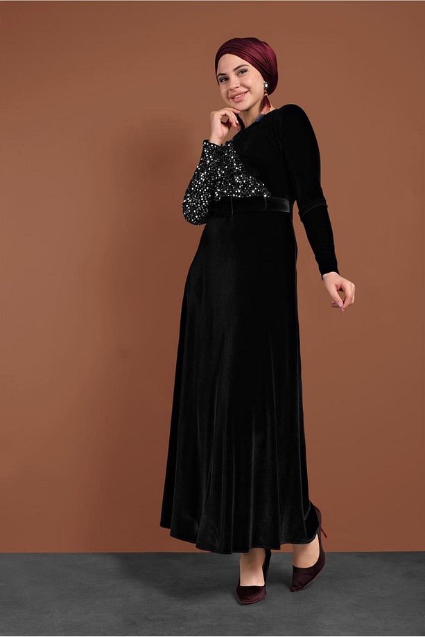 PULLU KADİFE ELBİSE 40299 - 3