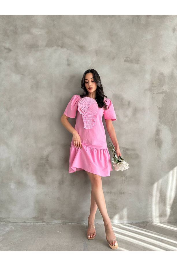 Kadın Pembe Önü Gül Detaylı Kısa Yazlık Elbise - 4