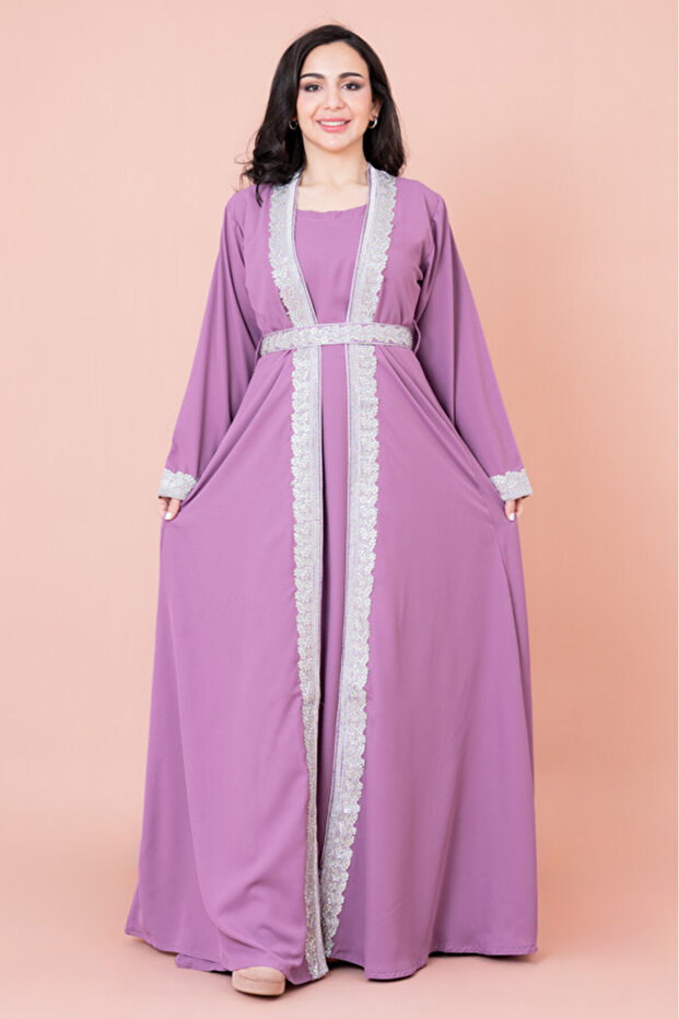 قفطان مطرز سادة بحزام من قطعتين - 1