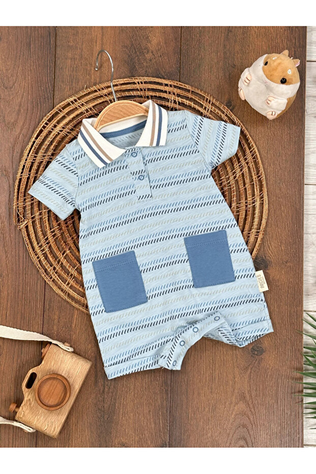 Polo Collar Ethnic Pattern Summer Baby Boy Jumpsuit with Snaps at the Bottom