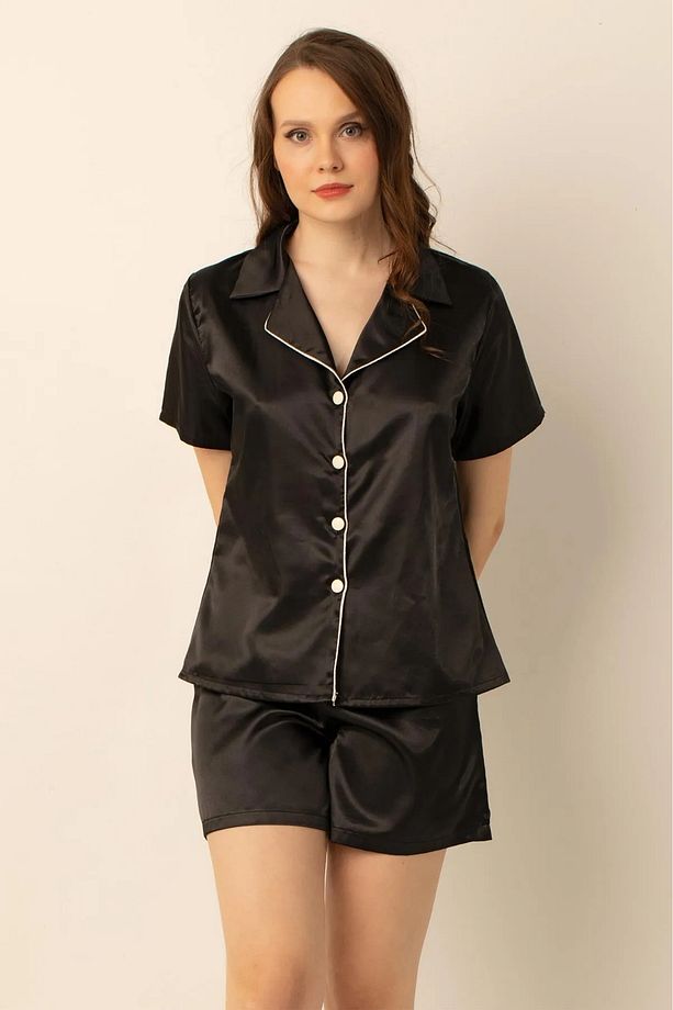 Faryanight Saten Düğmeli Gömlek Şortlu Pijama Takımı - 5