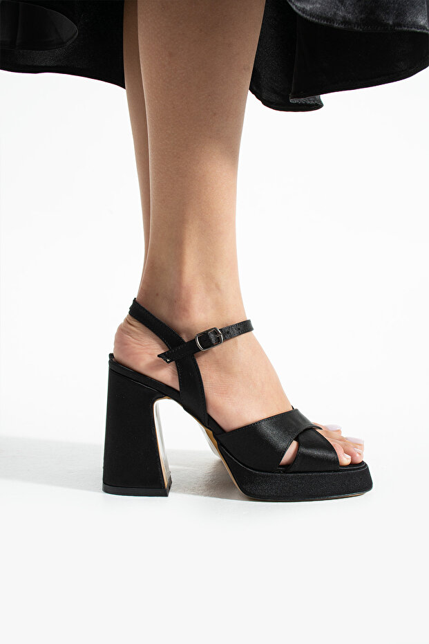 1-935 11 Cm Thick Heel Platform Black Satin Color Evening Dress-Bridal Shoes