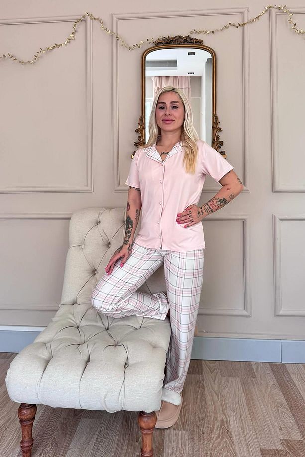 Pudra Soft Check Exclusive Önden Düğmeli Kadın Pijama Takımı - 7