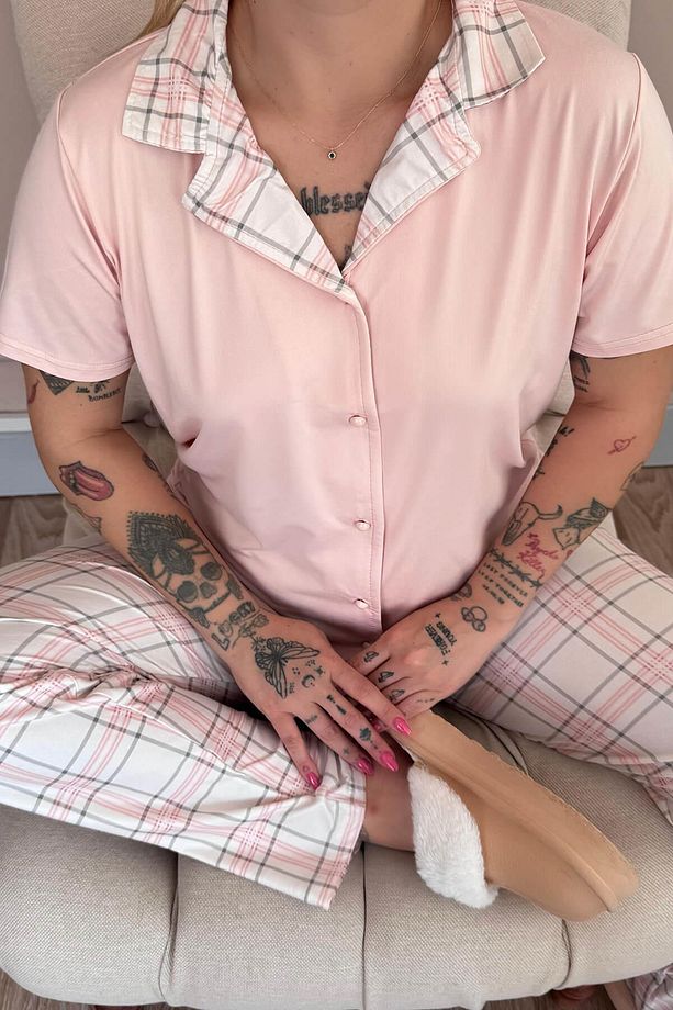 Pudra Soft Check Exclusive Önden Düğmeli Kadın Pijama Takımı - 6