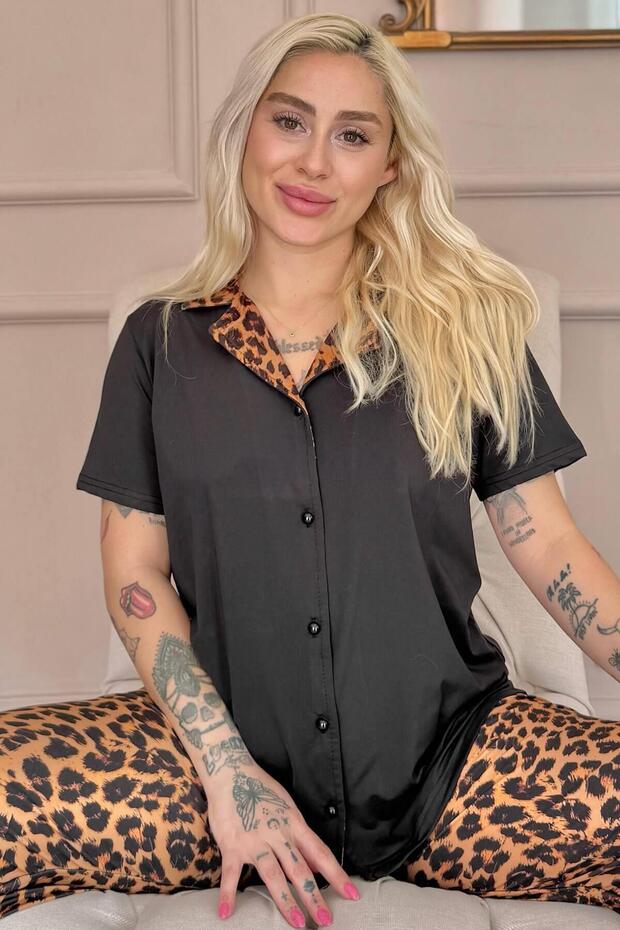 طقم بيجامة نسائي بزر أمامي حصري من Black Leopard Luxe