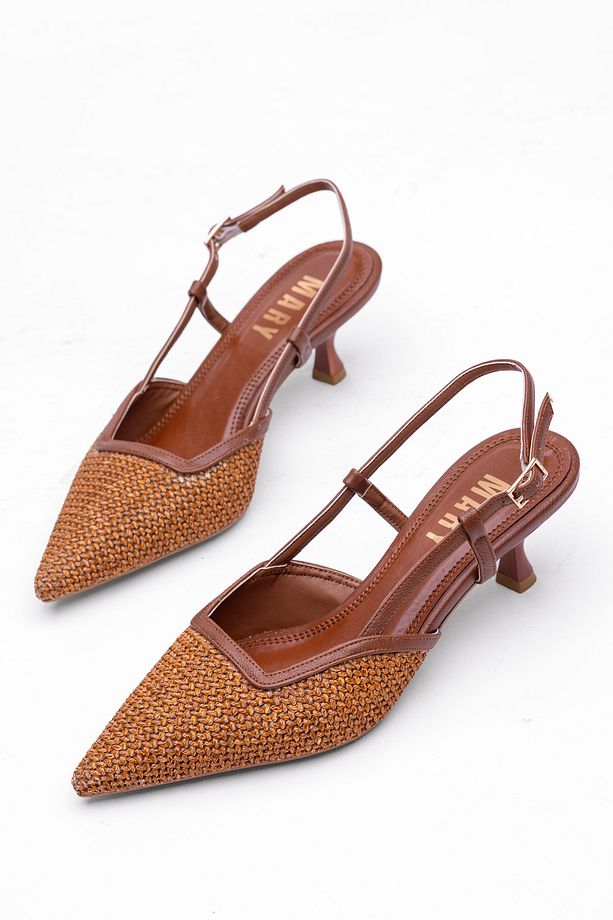 Kadın Hasır Dokulu İnce Topuklu Slingback Ayakkabı - Zarif Örgü Detaylı Yazlık Şık Topuklu Ayakkabı - 4