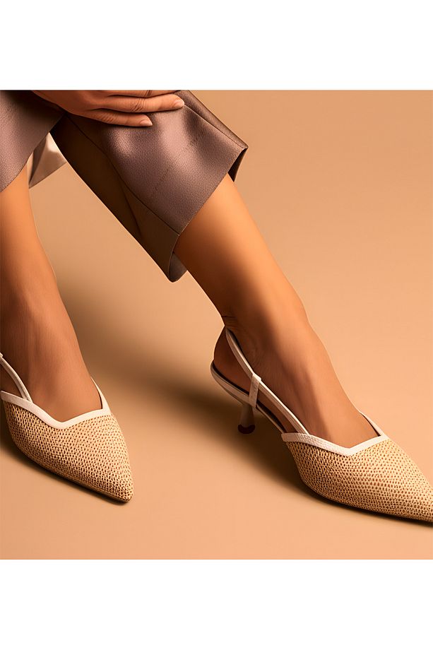 Kadın Hasır Dokulu İnce Topuklu Slingback Ayakkabı - Zarif Örgü Detaylı Yazlık Şık Topuklu Ayakkabı - 1