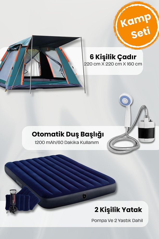 6 Kişilik Tenteli Çadır Seti + Otomatik Şarjlı Duş Başlığı + İki Kişilik Yatak - 1