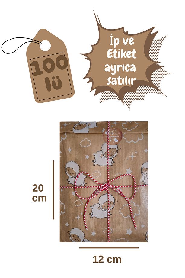 100 Adet 12x20 Kuzu Desenli Kurban BayramıTemalı Hediye Kutusu Poşeti - 2