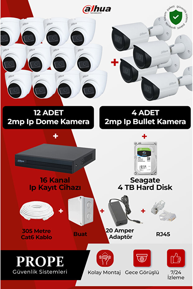 4 ADET 2MP IP KAMERA BULLET + 12 ADET 2MP IP KAMERA DOME GECE GÖRÜŞLÜ 16 KANAL IP KAYIT 4TB HARDDISK - 1