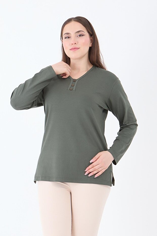 Women's Middle Age and Above V-Neck Lycra Khaki Viscose Mother Combed Cotton Blouse