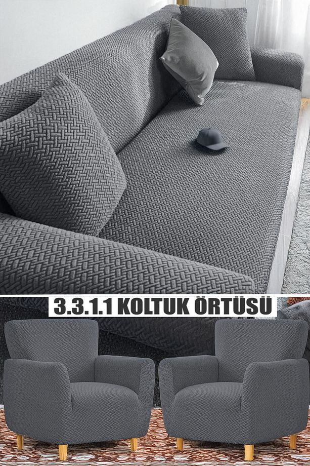 HANSARAY Tuğla Desen Koltuk Örtüsü Lastikli Kayma Yapmayan 3 3 1 1 takım Çekyat Kanepe Kılıfı 1 ADET - 1