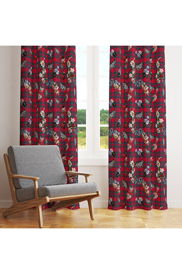 Red Plaid & Floral Patterned Background Curtain – Warm & Stylish Decoration 140X260 cm Single Wing