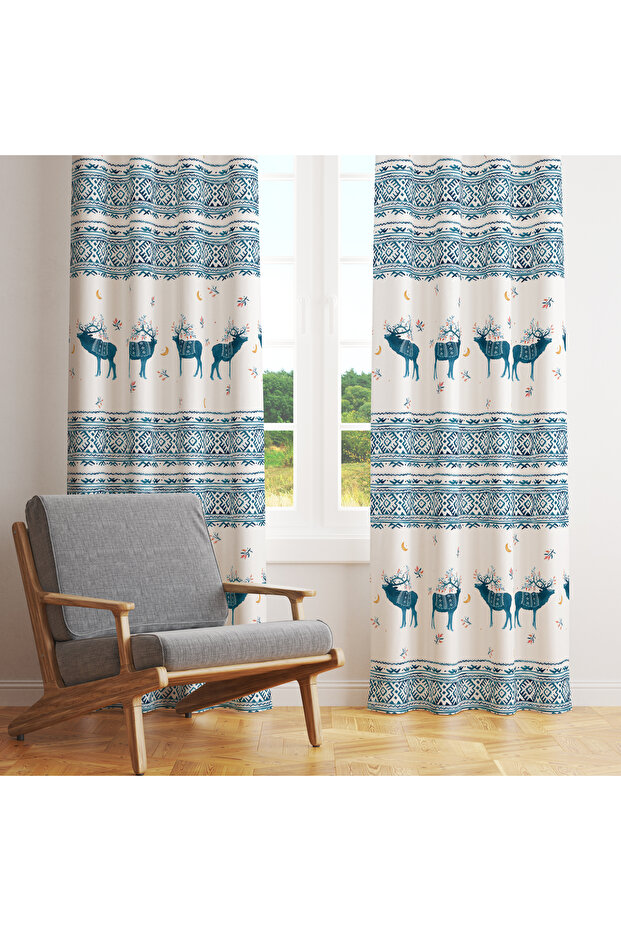 Blue Floral Detailed Deer Patterned Curtain – Aesthetic & Natural Touch 140X260 cm Single Wing