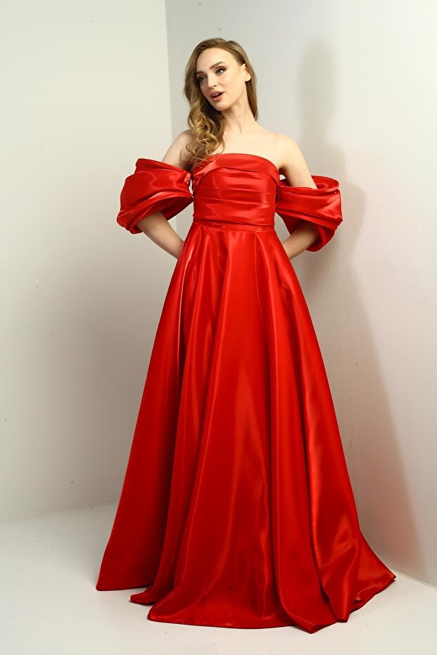 Women's Low Balloon Sleeve Lined Satin Flared Long Dress with Pockets