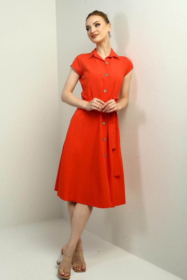 Women's Buttoned Waist Belted Shirt Collar Short Sleeve Dress