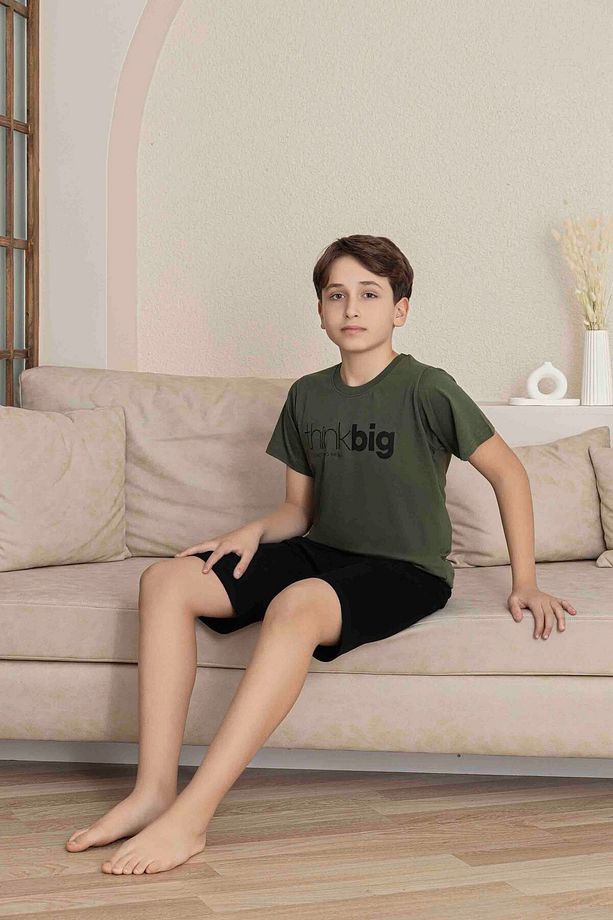 Erkek Genç VE Çocuk Haki Kısa Kol Şort Penye Pijama Takımı - 1