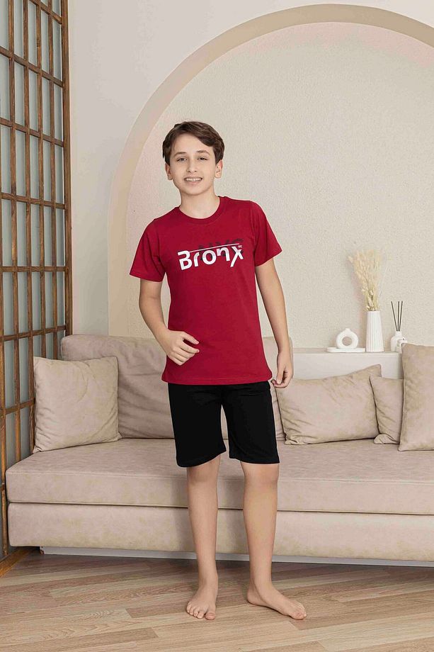 Erkek Genç VE Çocuk Bordo Kısa Kol Şort Penye Pijama Takımı - 2